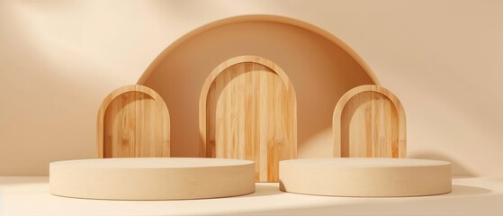 Leinwandbilder - In this illustration, there is a round wooden saw cut cylinder shape on a beige background abstract background. Subtle box with geometric podium. Empty showcase for eco cosmetic products.