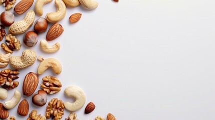 Poster - Top view of mixed nuts isolated on a white background. Copy space is provided.