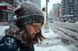 woman in wool hat, trembling on snowy street corner