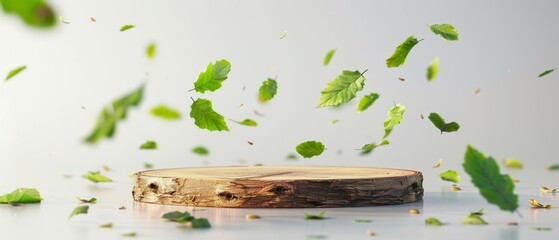 Poster - White background with wood slice podium and flying leaves. Concept stage showcase for new product, sale, banner, presentation, cosmetics. Wooden stand studio empty.