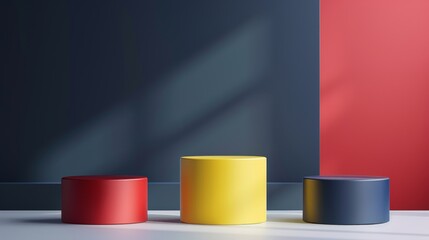Fototapete - Yellow, dark blue, and red realistic 3D cylinder pedestal podium on white table in abstract rooms. Modern rendering geometric forms. Colorful minimalist scene. Stage for product display.