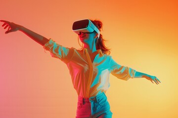 Young happy woman wearing VR glasses