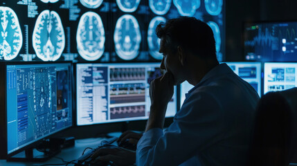 Wall Mural - A focused medical expert reviews neurological imaging at a workstation, surrounded by brain scan monitors