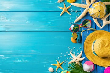 Sticker - Colorful Summer banner background with Beach Accessories 