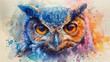 A pastel watercolor portrait of a serene owl hand-drawn on white