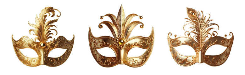 Wall Mural - 3 golden mask Isolated on transparent PNG background