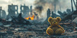 teddy bear in ruins of house destroyed at war 
 background image