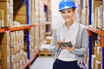 Poster - Tablet, portrait or woman in warehouse for safety, shipping delivery, product or stock in factory by shelf. Printing logistics, happy inspector or boxes for package or cargo for online order on web