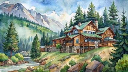 Canvas Print - Watercolor painting of a chalet in the mountains.