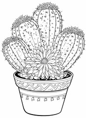 Poster - A drawing of a cactus with flowers in a pot. The cactus is surrounded by several other cacti and flowers, creating a colorful and lively scene. The drawing conveys a sense of warmth and vibrancy