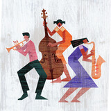 Fototapeta Dziecięca - Jazz Band, dixieland, Contrabass, saxophon, trumpet. Funny flat design Illustration of two women jazz musicians and man with trumpet.