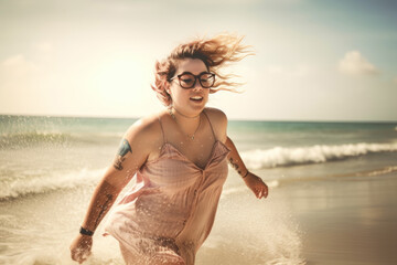 Joyful plus-size young Caucasian woman in beachside bliss, warm tones celebrating body positivity