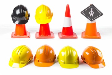 Set of safety helmets or hard hats and traffic cones, road sign on white 