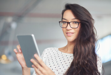 Poster - Tablet, glasses and portrait of business woman for online research, website news and internet. Office, creative startup and person on digital tech for networking, typing email and communication