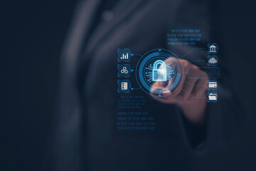 Poster - Cyber ​​security protection concept, personal data protection and financial transaction protection. Security lock technology protects personal information on smartphones.