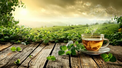 Wall Mural - Green tea cup with lush plantation mountain background, ideal for text placement