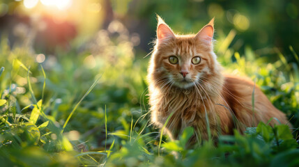 Wall Mural - Red Cat Sitting in Grass Looking at Camera