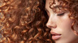 Close-up of a woman with auburn curly hair. Detailed beauty and hairstyle concept for design and print, focusing on the texture of the curls