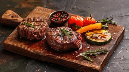 Wall Mural - A plate of meat and vegetables on a wooden cutting board. The meat is grilled and seasoned with herbs. The vegetables include zucchini, peppers, and onions. The plate is set on a table