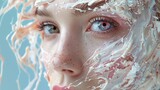 Fototapeta Tulipany - Portrait of beautiful young woman with cream splash on her face. Generative AI.