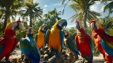 Rainbow Wings: Witness The Spectacle Of Nature As A Group Of Colorful Macaws Grace The Sky, Their Vibrant Plumage Creating A Kaleidoscope Of Beauty Against The Azure Canvas Of The Atmosphere.