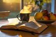 open book on table, steamy tea mug, morning light on fruit bowl