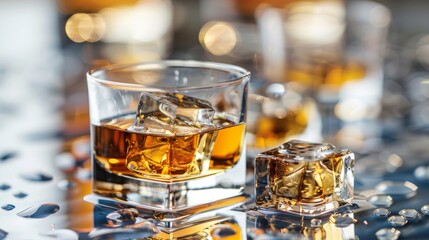 Poster - Whiskey glass with ice cubes on simple backdrop, ideal for text placement and design creativity