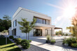 Belle maison d'architecte blanche moderne à toit plat avec jardin