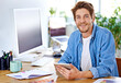 © peopleimages.com - Portrait, office and man with smile, tablet and technology for social media, networking and internet. Creative, male person and staff for remote, working and happiness for career as author on desk