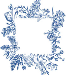 Wall Mural - Floral pattern with square frame. Blue drawing. Save the date card. Garden spring flowers.