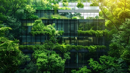 Wall Mural - An eco-friendly office nestled amidst greenery, featuring trees and sustainable glass architecture. Reduce carbon dioxide emissions with this corporate building surrounded by a lush green environment
