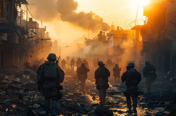 Wall Mural - A group of soldiers are walking through a war zone. The sky is orange and the sun is setting. Scene is tense and serious