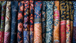 Rows of colorful ethnic textile with detailed traditional patterns, representing various cultural designs