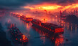 Cargo ships on the river at sunset