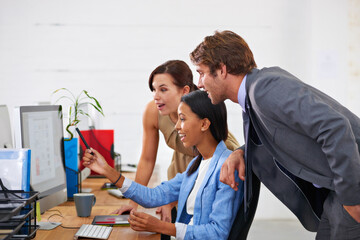 Aufkleber - Business people, pointing and coaching with team on computer for good news, meeting or presentation at office. Group of young and happy employees working together on PC for collaboration or project