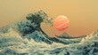 Illustration of Great Ocean Wave with Japanese Vintage Style. Background, Wallpaper, Landscape, Sea, Japan, Nature, Water, Blue, Asia, Surf, Wind, Island, Symbol, Seascape, Asian

