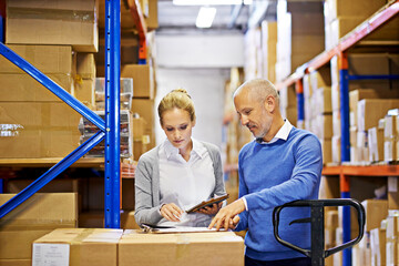 Poster - Technology, checklist and business people in distribution warehouse for logistics, supply chain and cardboard box. Package, ecommerce and employees with tablet for shipping, cargo and stock taking