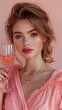 A sophisticated model with a chiseled jawline, holding a glass of ros?(C), exuding charm and allure against a blush pink backdrop.