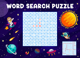 Poster - Word search puzzle game with galaxy space landscape, kid astronaut and alien, vector quiz worksheet. Guess and find word in grid, kid game with rocket, alien UFO and planets of starry galaxy