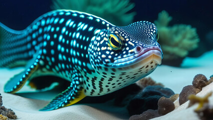 Wall Mural - Enchelycore pardalis, commonly called Leopard moray eel or Dragon moray isolated closeup, underwater life. Tropical fish Murena, latin name Murena Helena, in aquarium