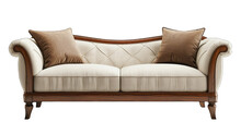 Modern And Luxurious Ivory Linen Chaise Lounge With Mahogany Wood Trim On White Background - 3/4 View