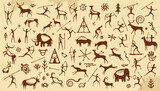 Fototapeta Konie - Prehistoric cave painting, ancient stone drawing. Vector background with primitive caveman sketches, symbols of hunters, mammoths, animals, plants and ornaments. Petroglyph illustrations on rock wall