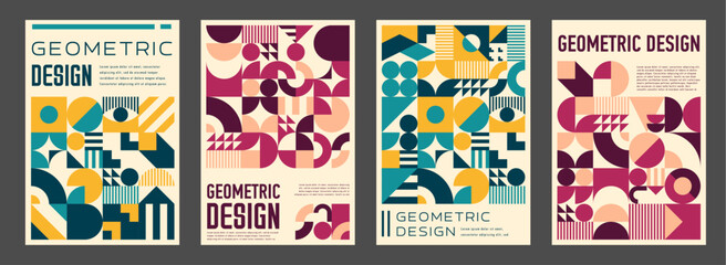 Aufkleber - Abstract modern geometric poster collage, creative certificate template and book cover. Vector vertical contemporary backgrounds with bold shapes and pattern of yellow or turquoise, purple and pink