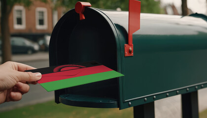 Close-up of person putting on letters with flag Malawi in mailbox