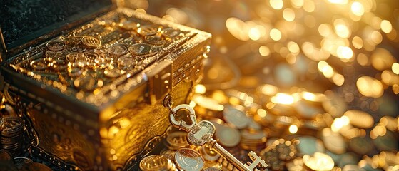 A golden key unlocking a treasure chest filled with stocks bonds