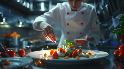 close up of female chef decorating food in restaurant kitchen