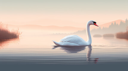 Wall Mural - White swans in love on peaceful water background