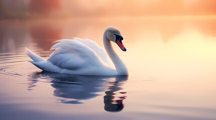 Wall Mural - White swans in love on peaceful water background