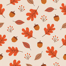 Seamless Pattern With Autumn Leaves, Acorns And Oak Leaves For Wallpaper, Gift Paper, Pattern Fills, Textile, Fall Greeting Cards.
