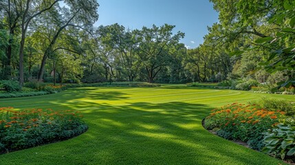 Poster - A picturesque scene unfolds before your eyes, with a verdant lawn surrounded by vibrant trees and colorful flowers, creating a tranquil oasis in nature